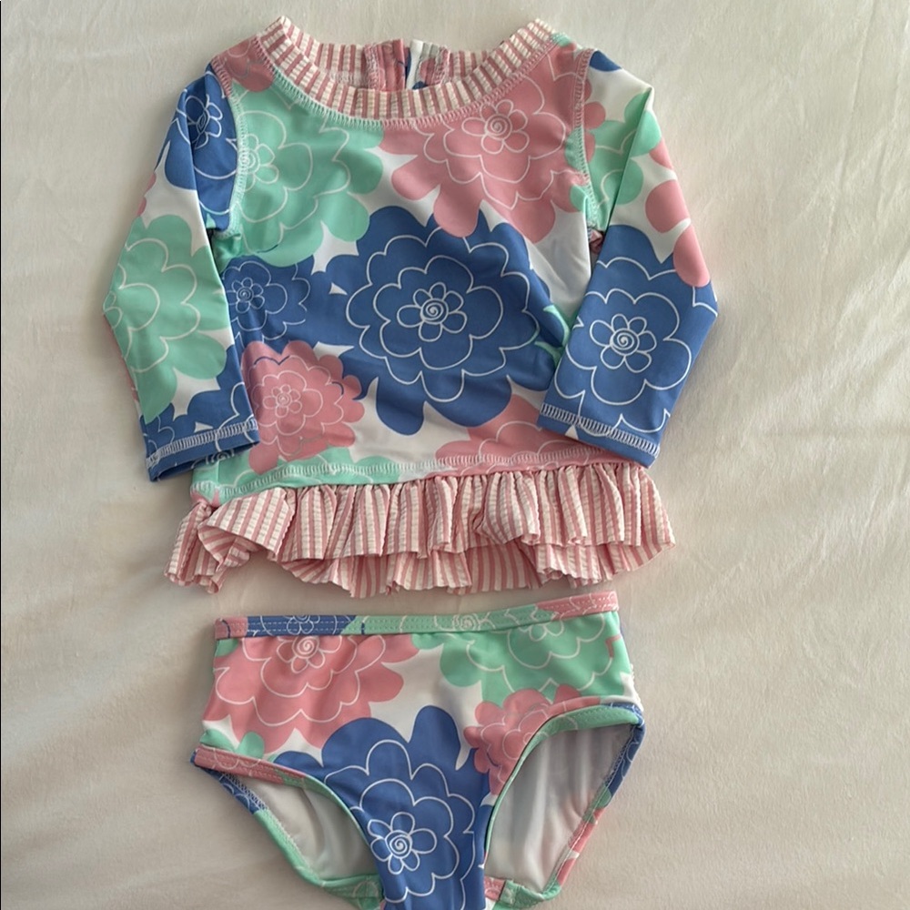 Ruffle Butts Blue and Pink Rashguard Swim Set